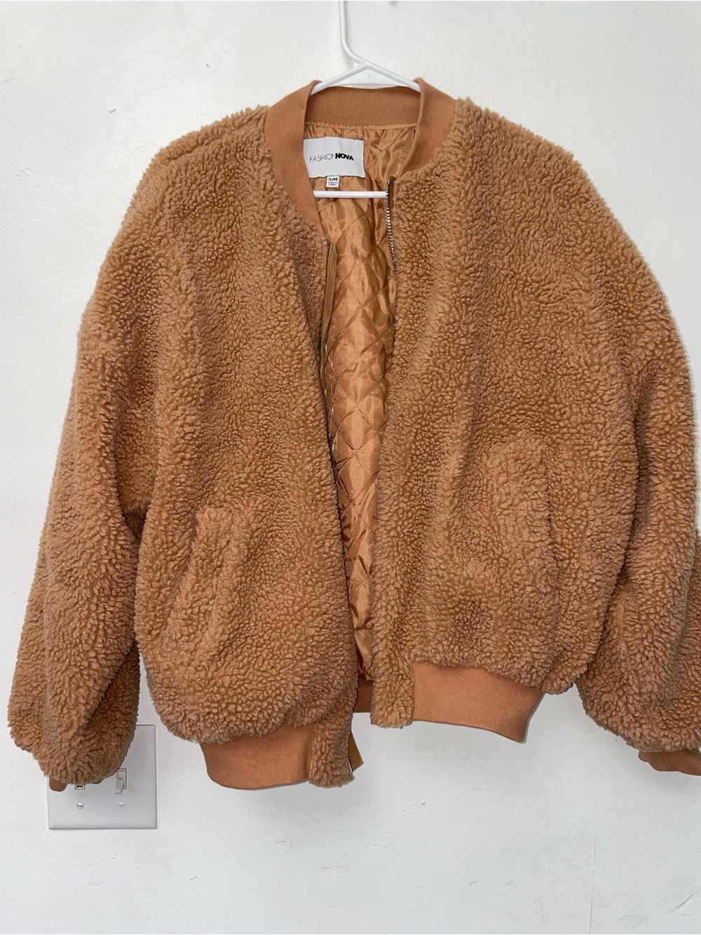 Women’s S/M Teddy Sherpa Bomber Jacket Camel Brown Quilted Lined